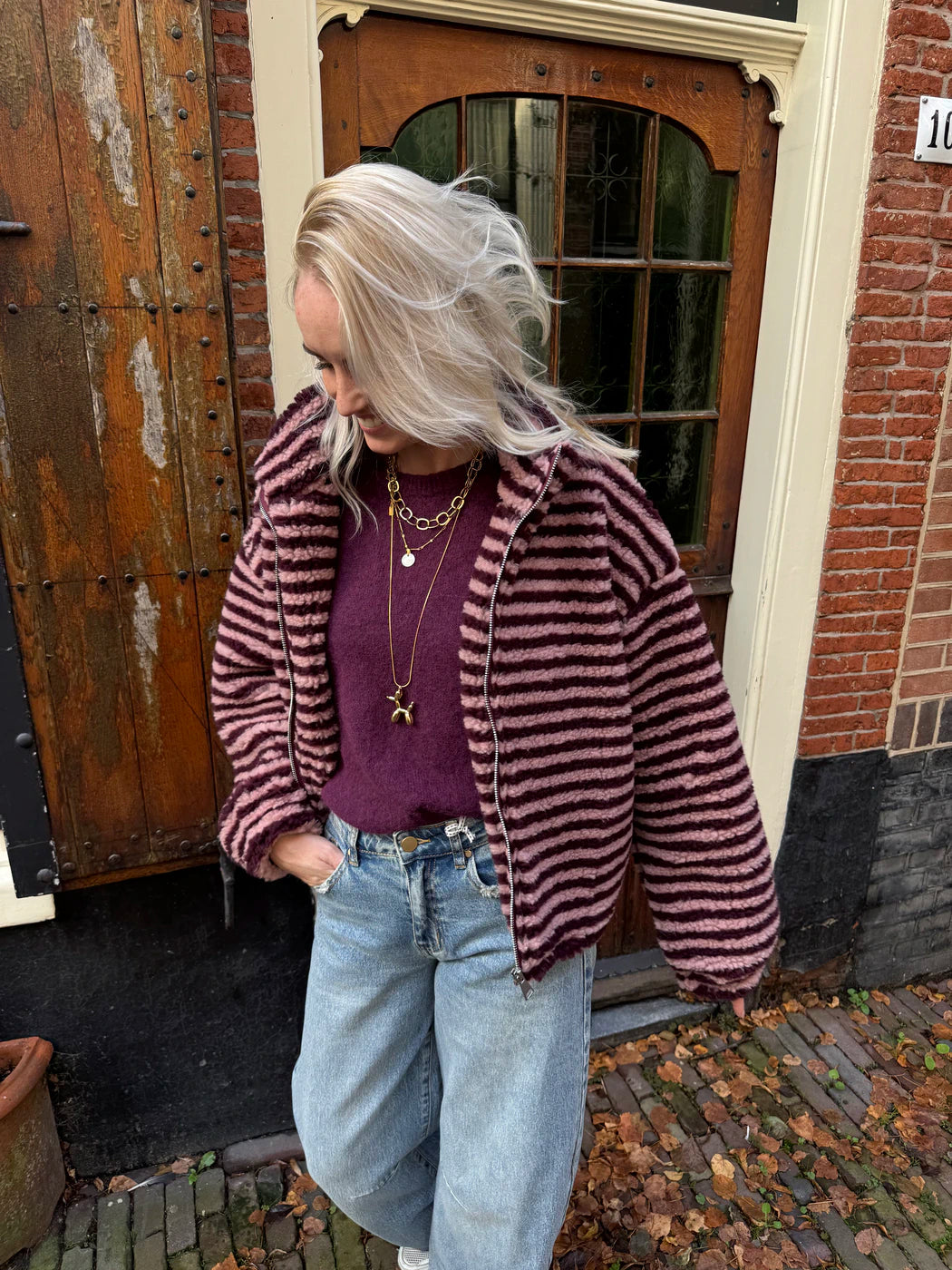 Riff gestreepte teddy jas roze/paars