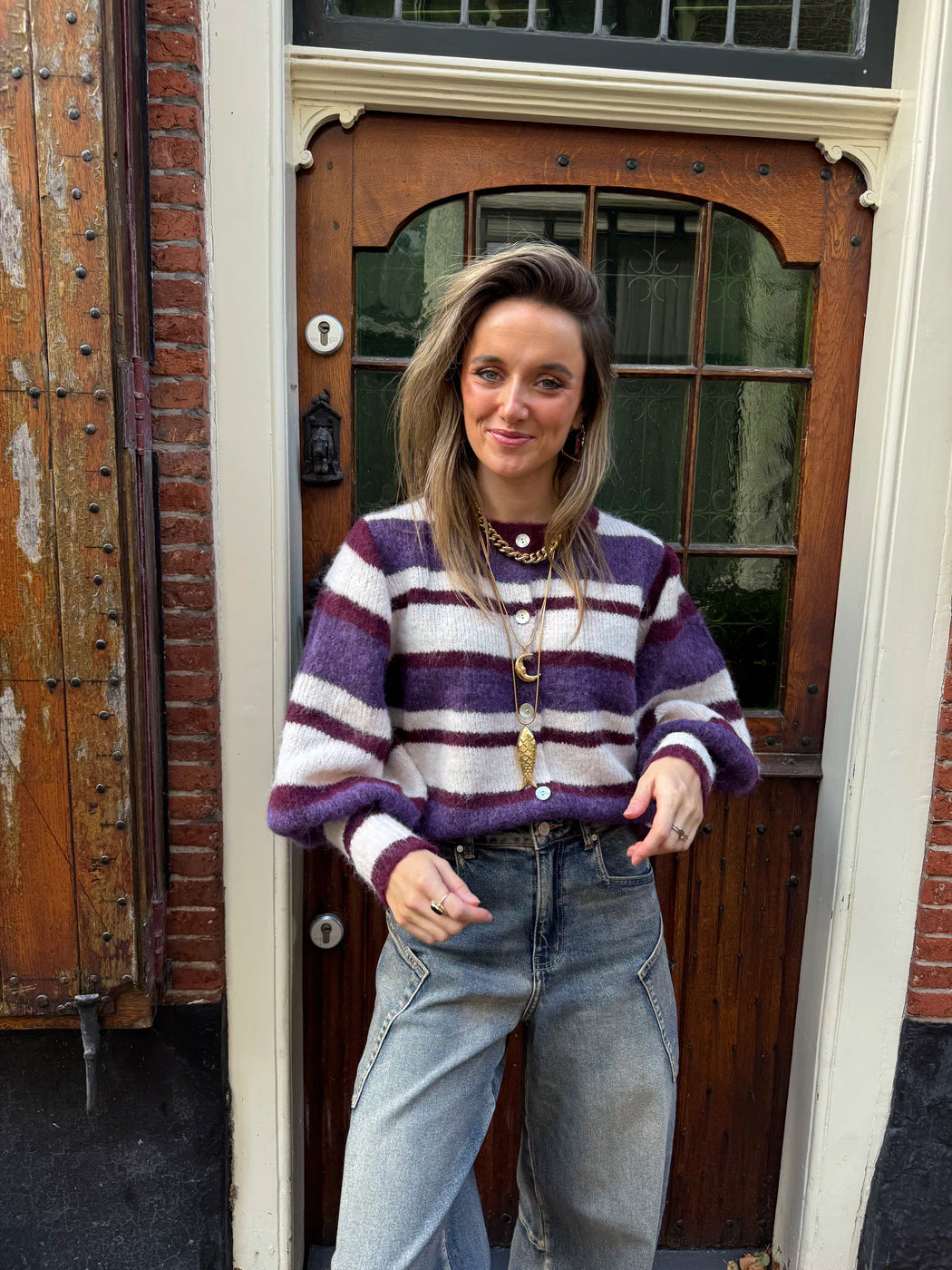 Benja gestreept vest pofmouw paars wit