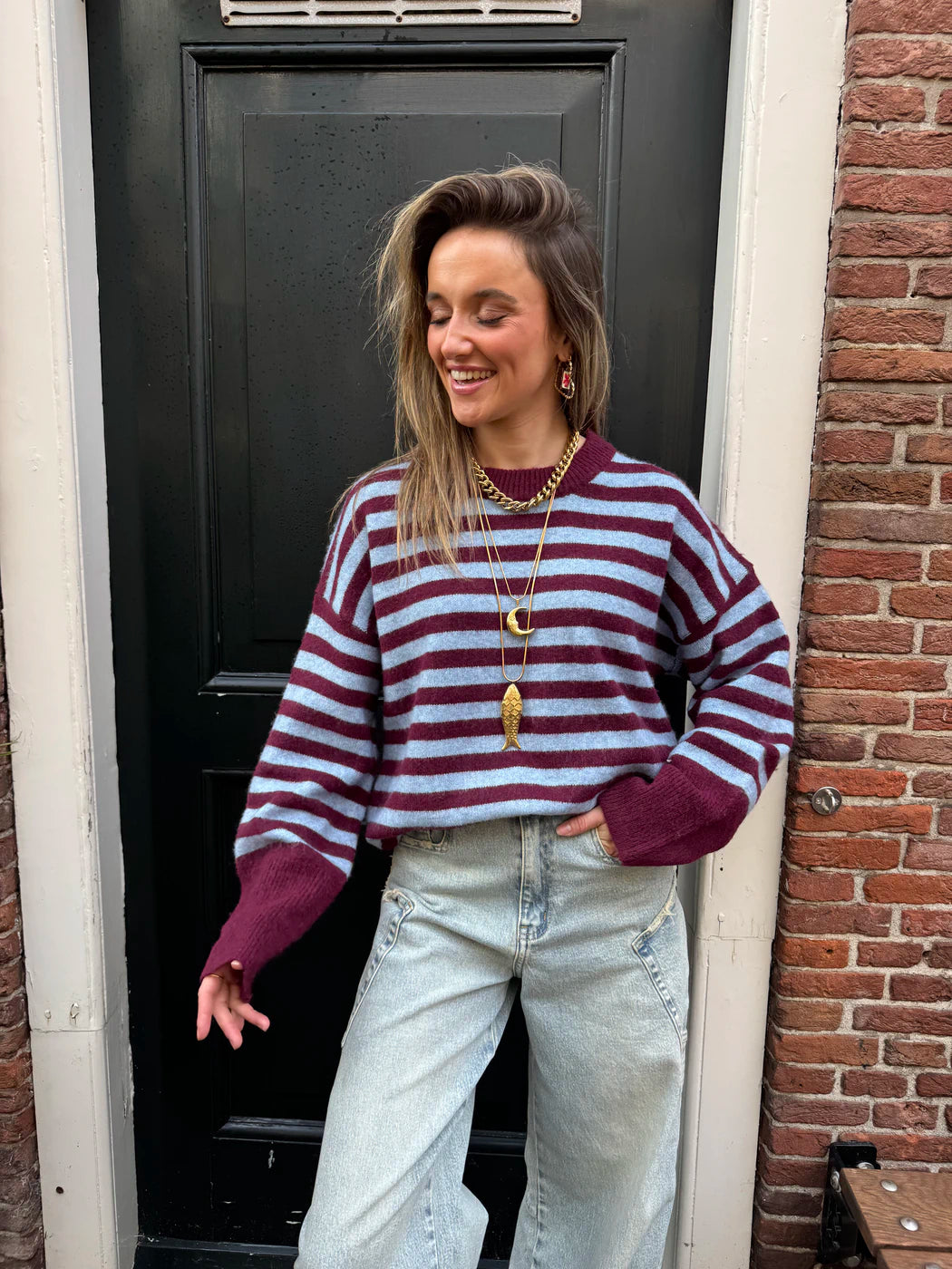 Pippa gestreepte trui blauw/bordeaux