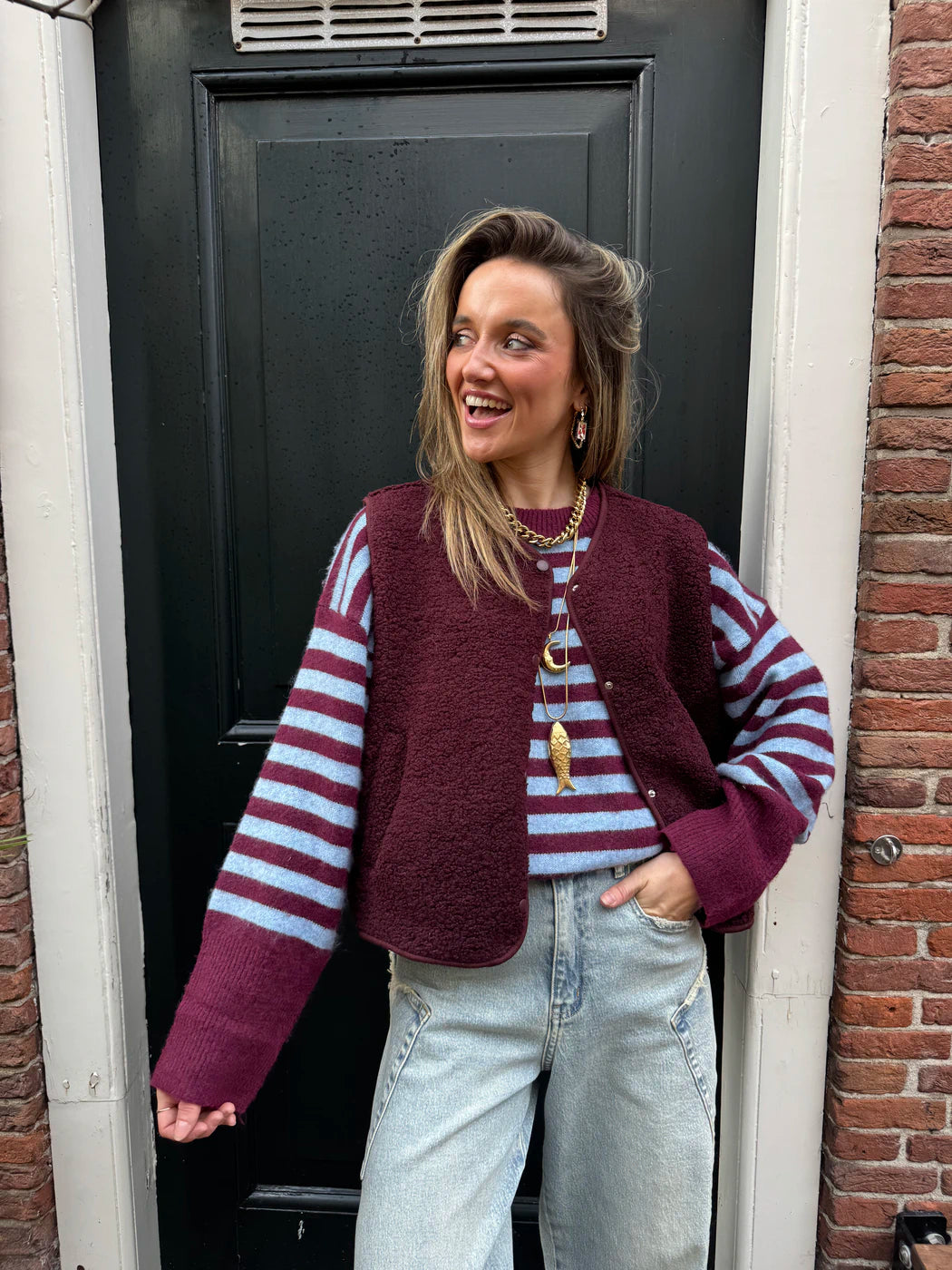 Pippa gestreepte trui blauw/bordeaux