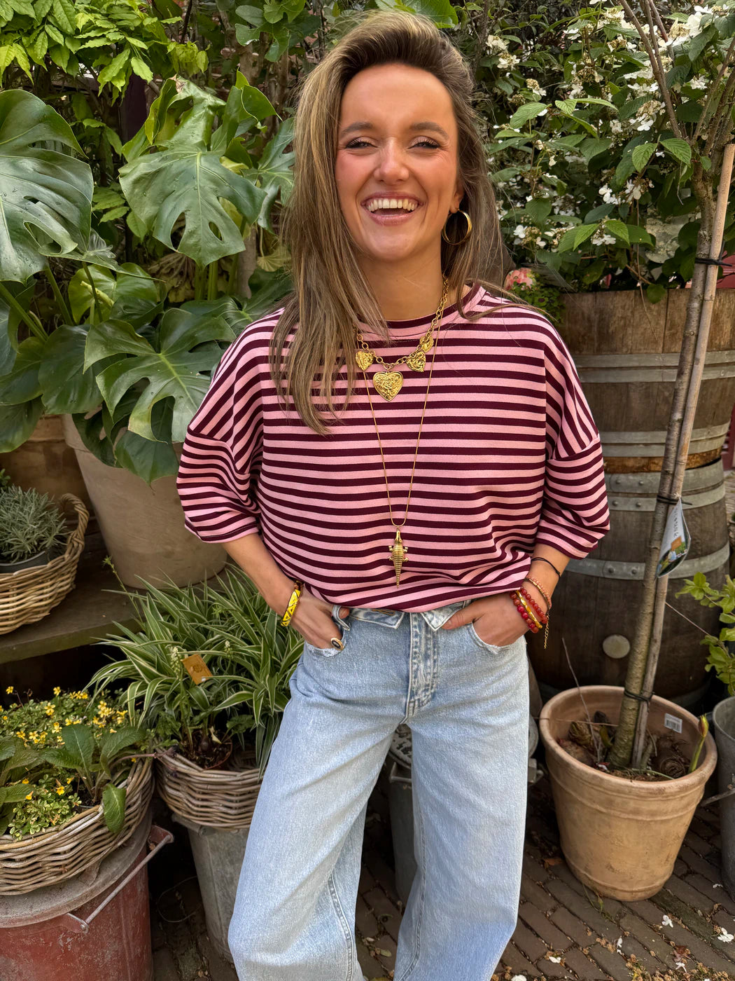 Lena shortsleeve pink/burgundy striped