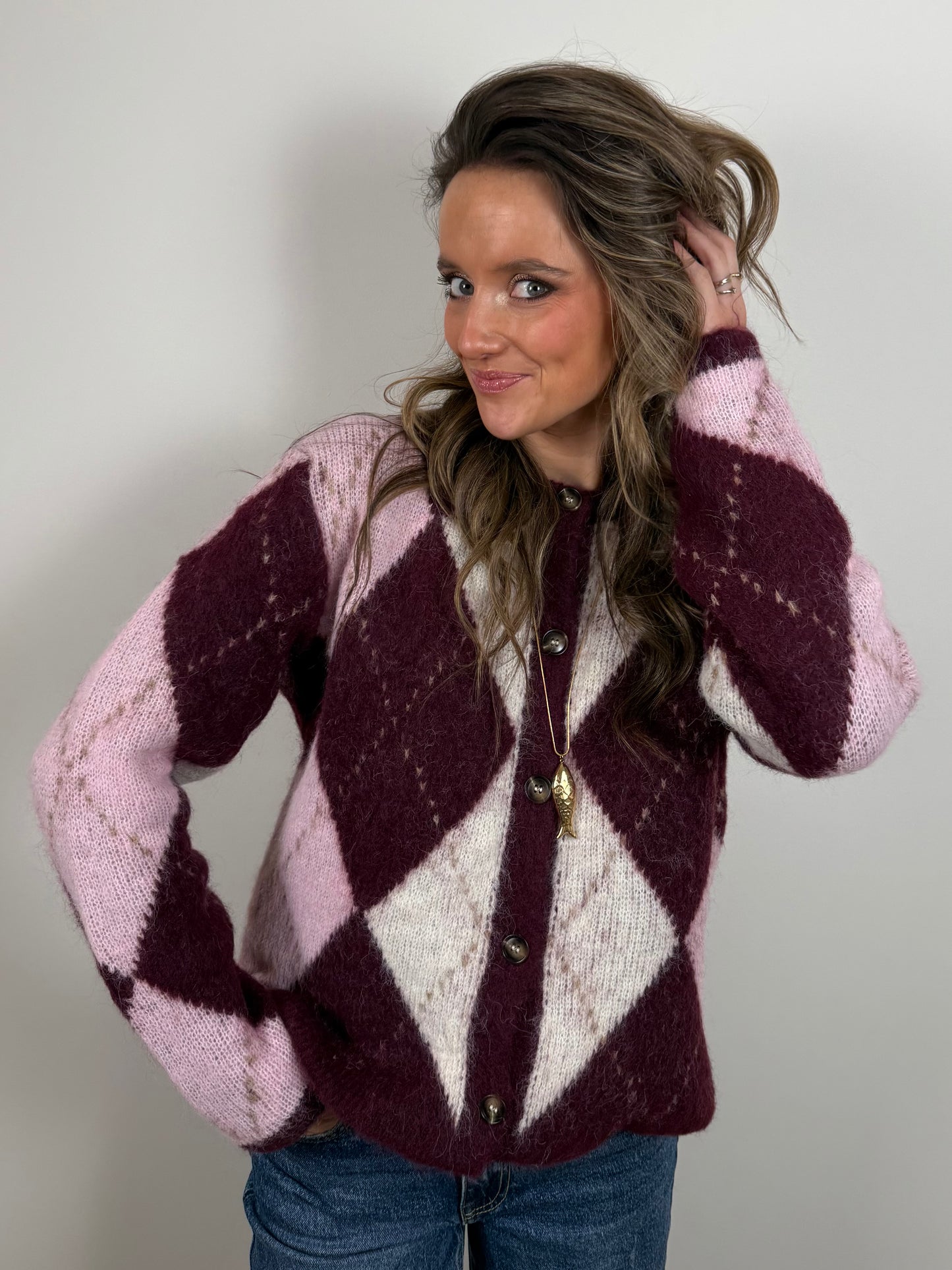 Lou vest geruit bordeaux/roze