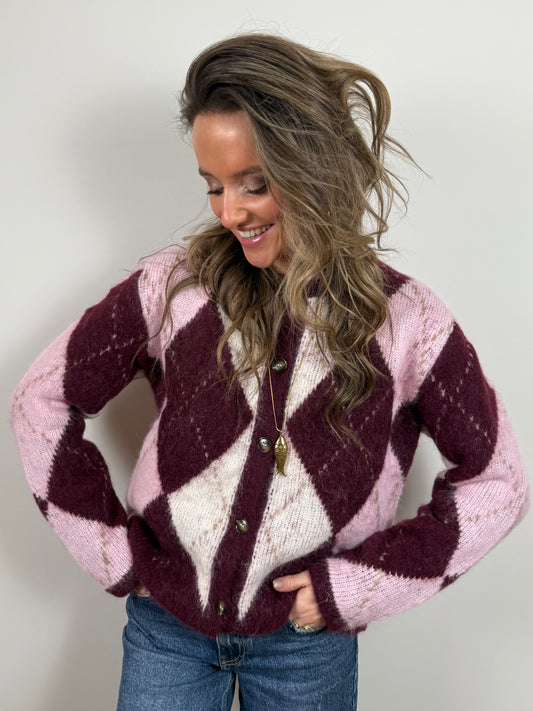 Lou vest geruit bordeaux/roze