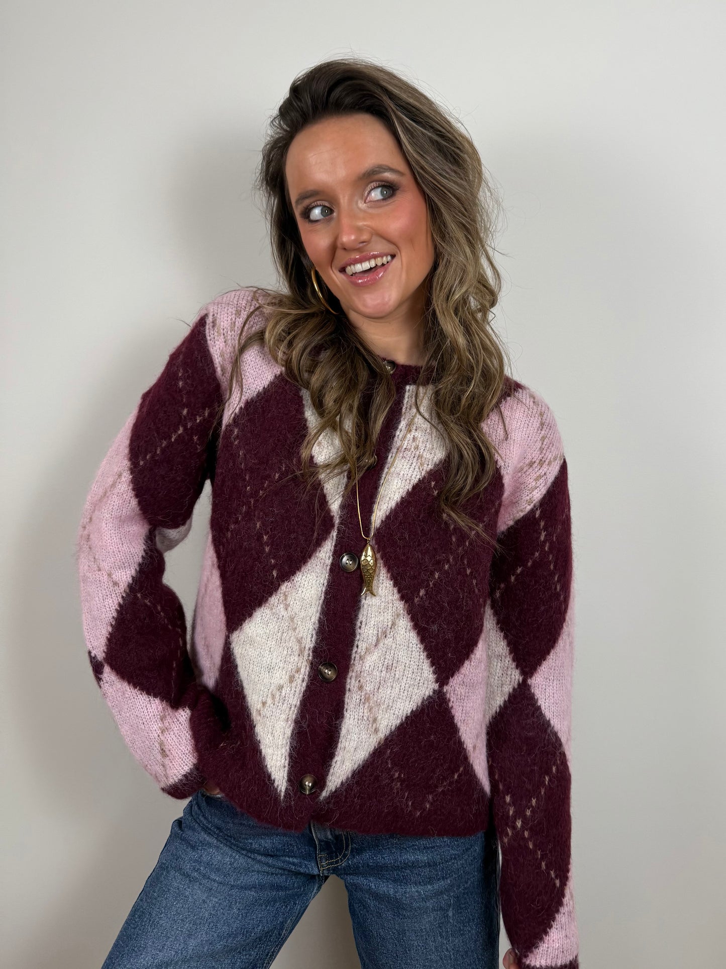 Lou vest geruit bordeaux/roze