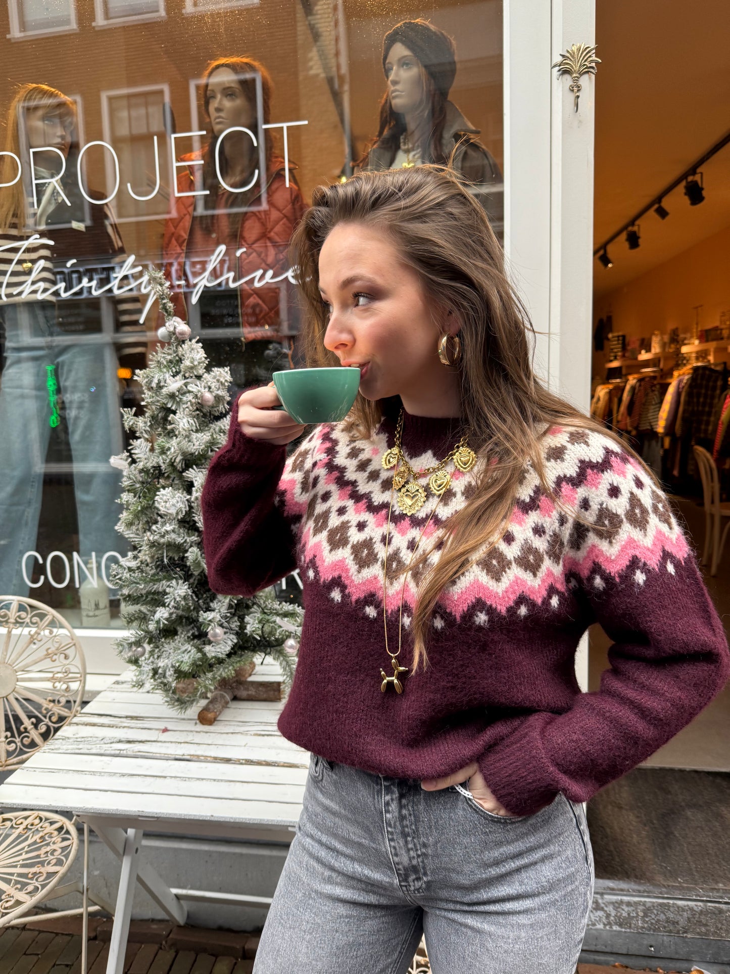 Sanne trui noorse print bordeaux