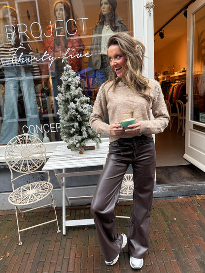 Leather look wide leg pants chocolate brown