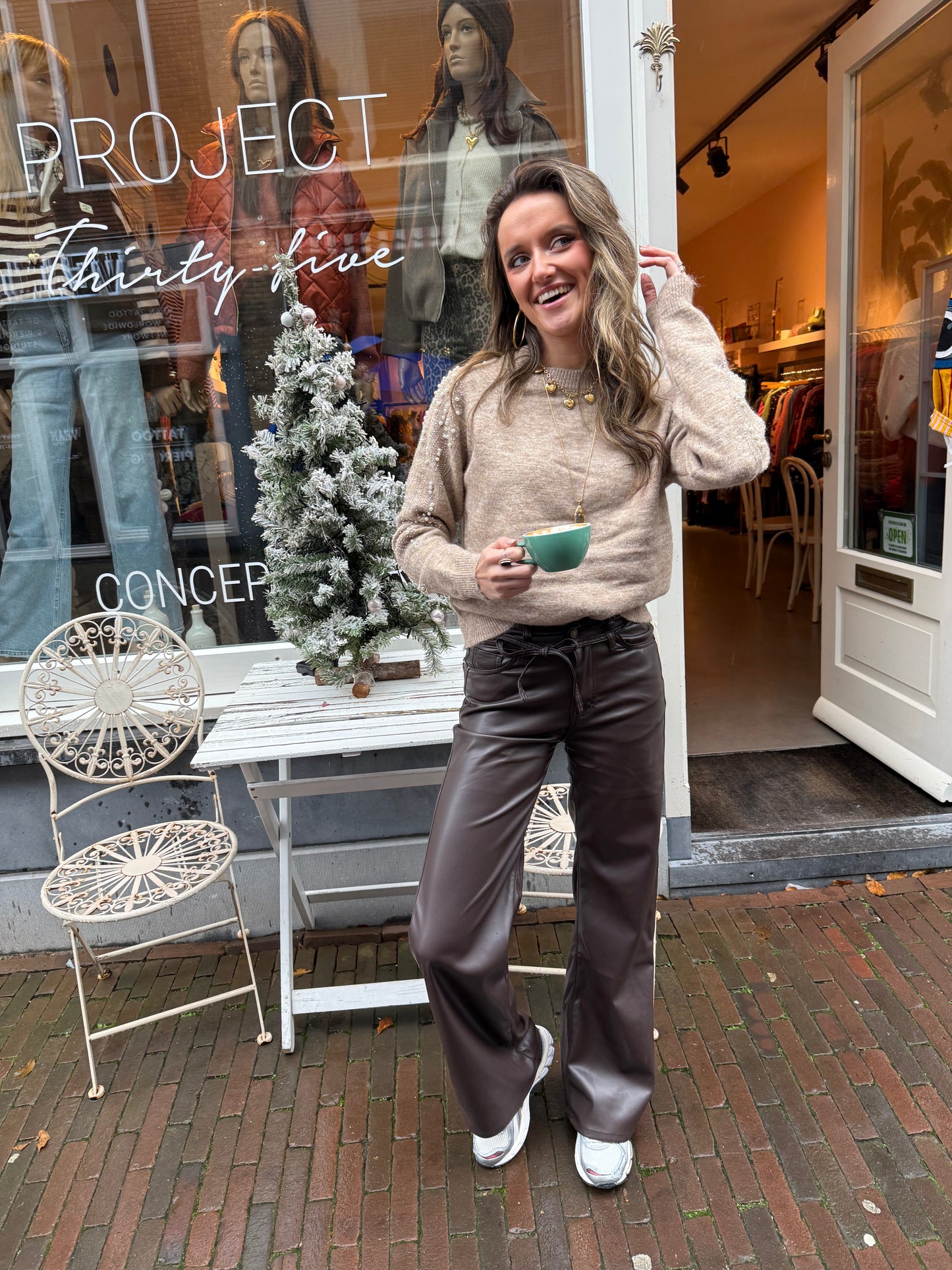 Leather look wide leg pants chocolate brown