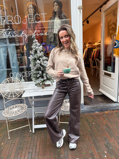 Leather look wide leg pants chocolate brown