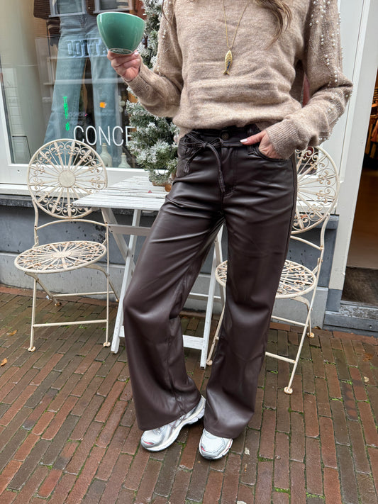 Leather look wide leg pants chocolate brown