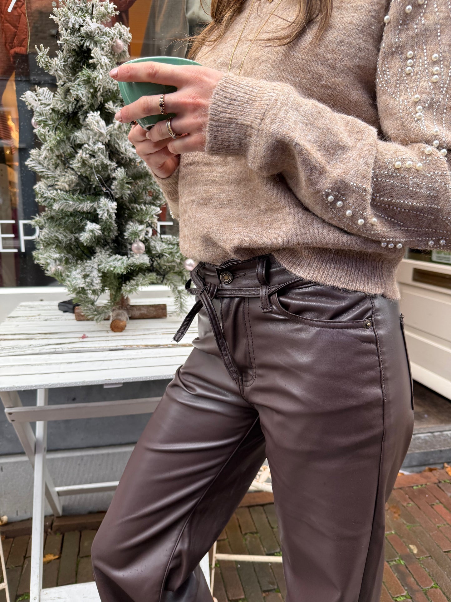 Leather look wide leg pants chocolate brown