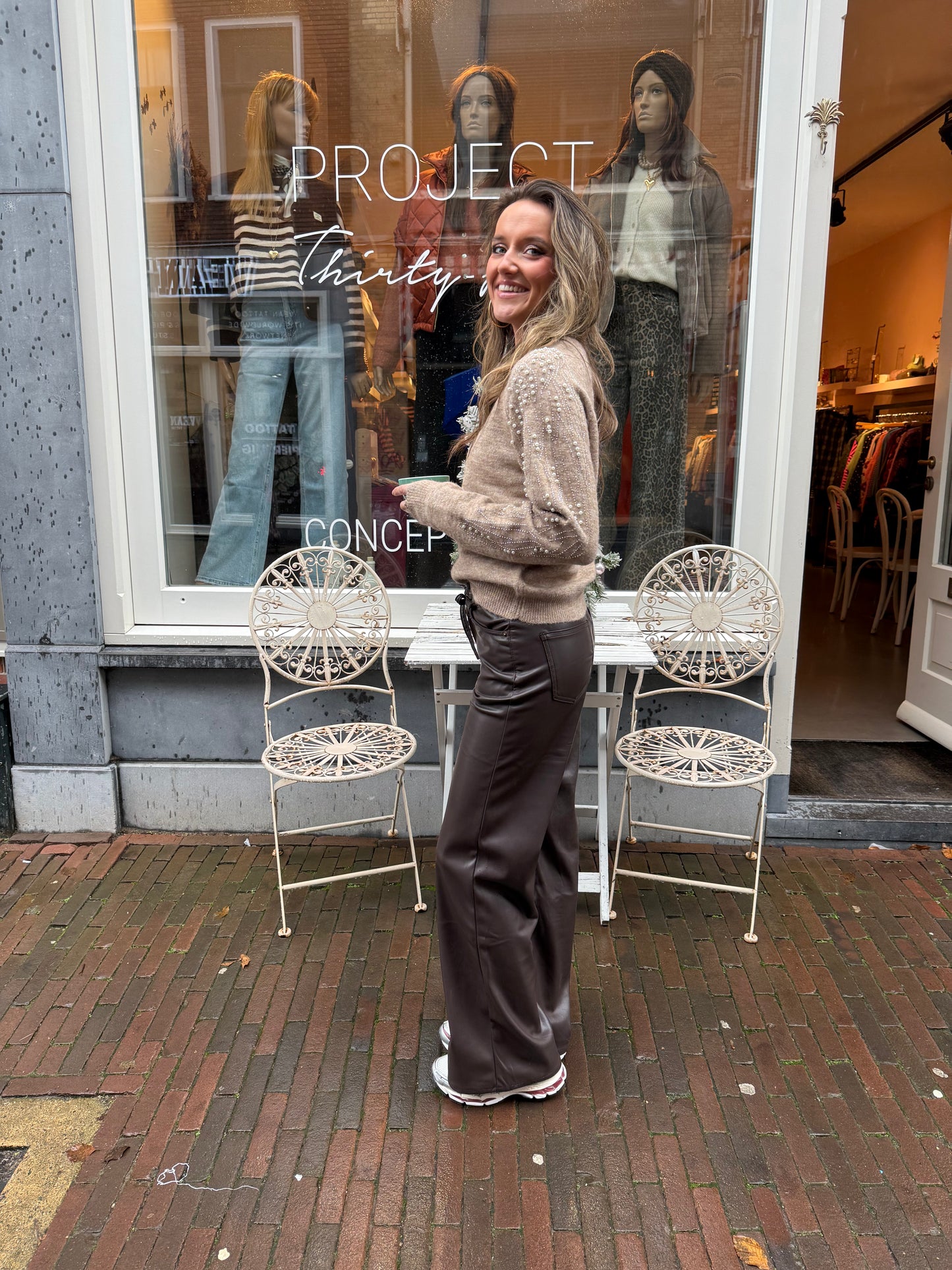 Leather look wide leg pants chocolate brown