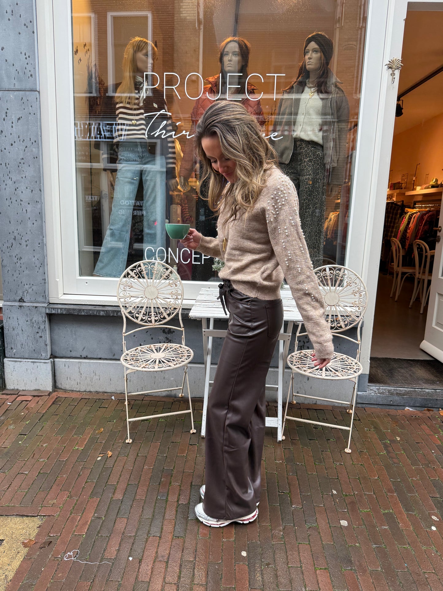 Leather look wide leg pants chocolate brown