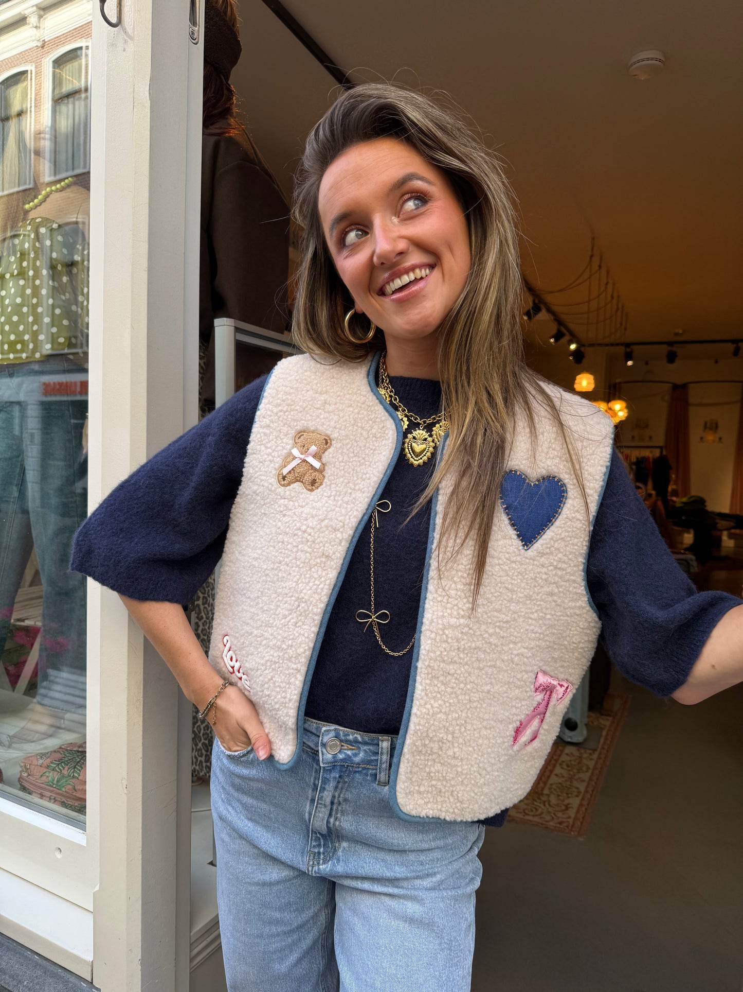 Lola teddy gilet ecru/blue