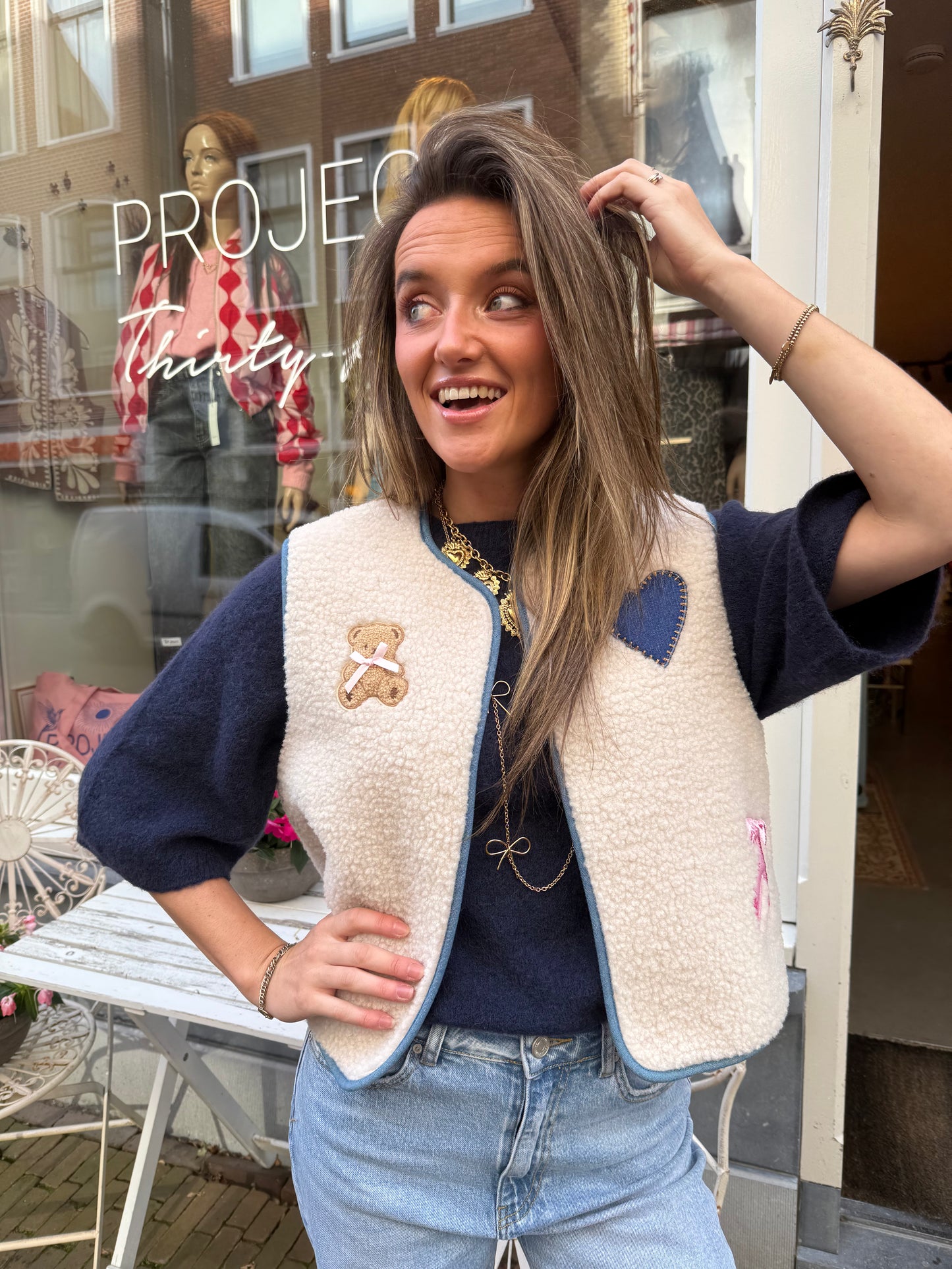 Lola teddy gilet ecru/blue