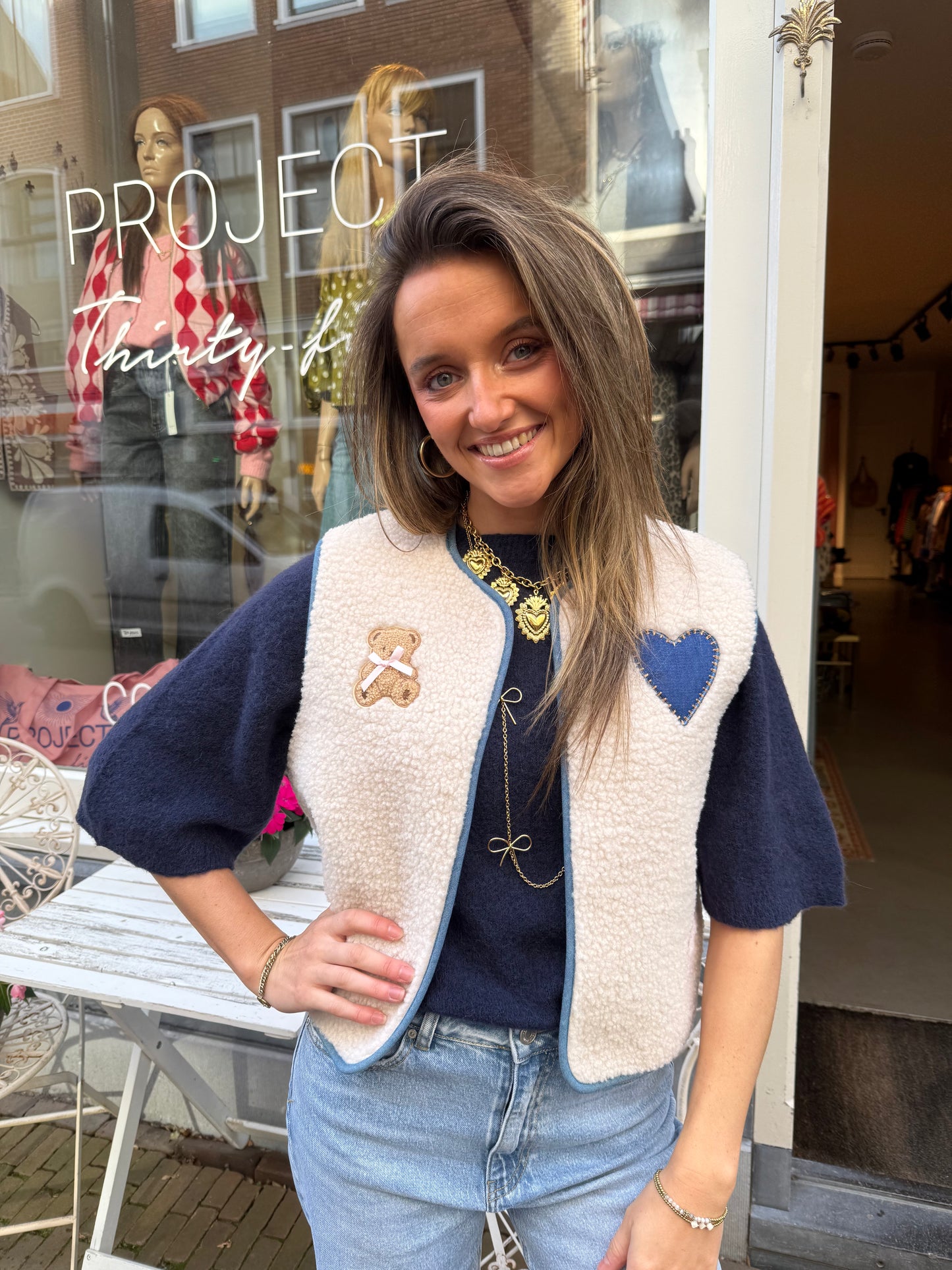 Lola teddy gilet ecru/blue