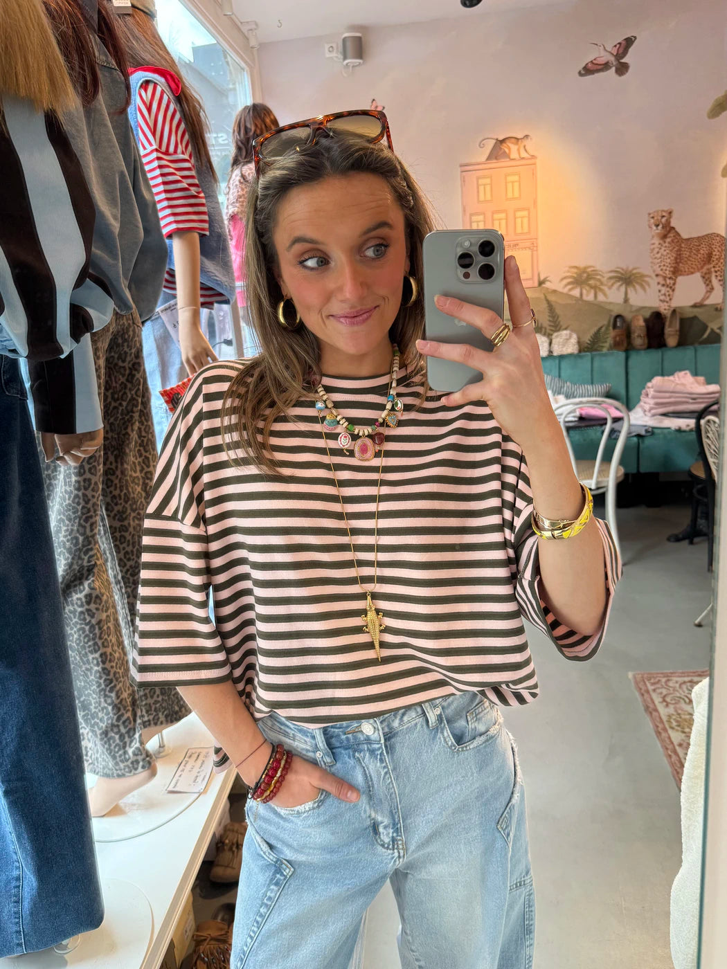 Lena gestreept shirt korte mouw lichtroze/groen