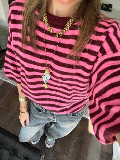 Julie knit gestreept oversized bordeaux/roze