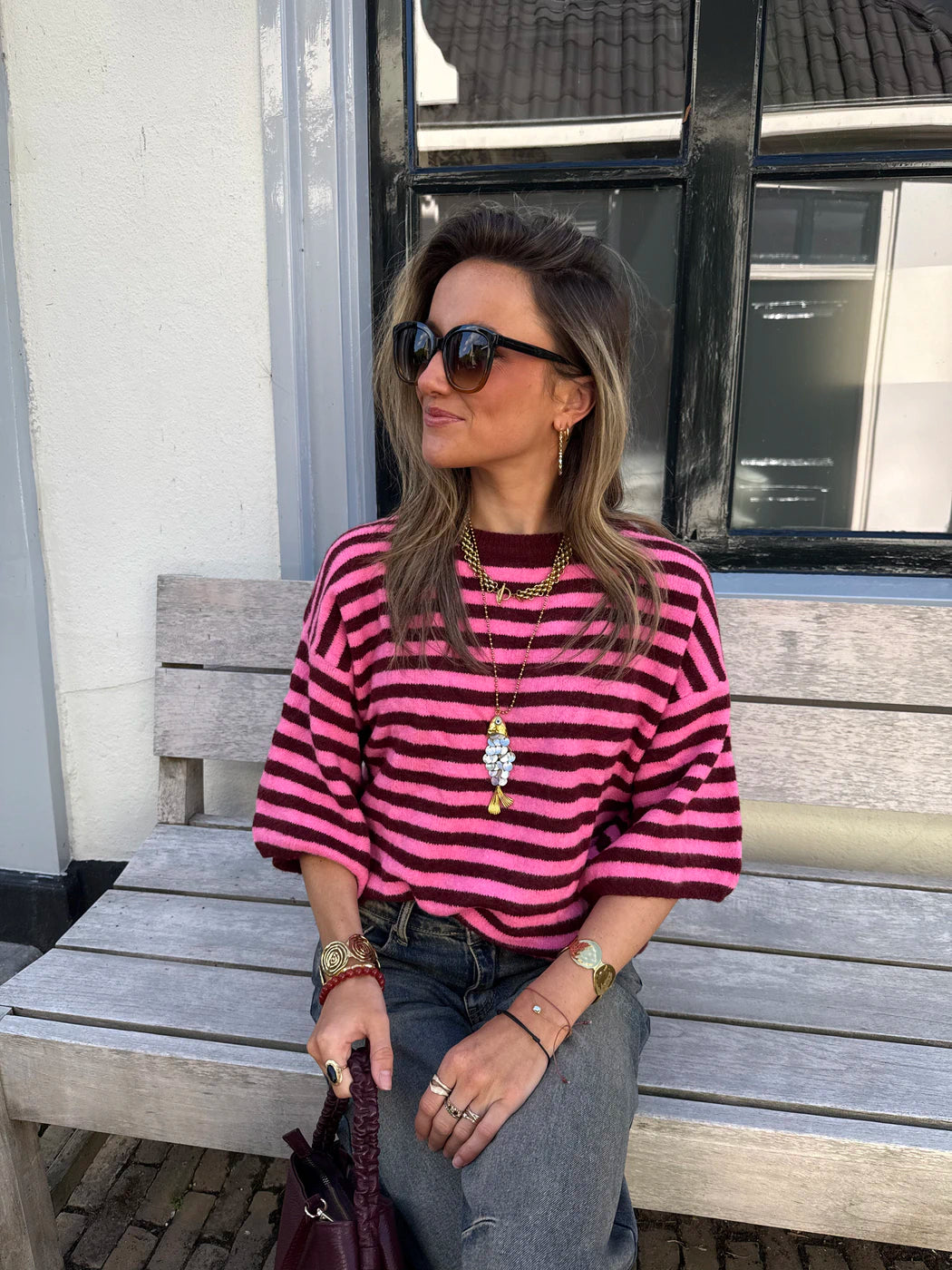 Julie knit gestreept oversized bordeaux/roze