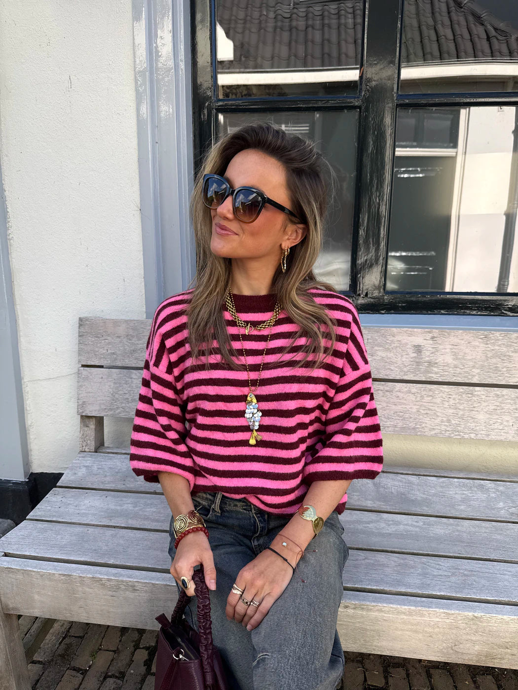 Julie knit gestreept oversized bordeaux/roze