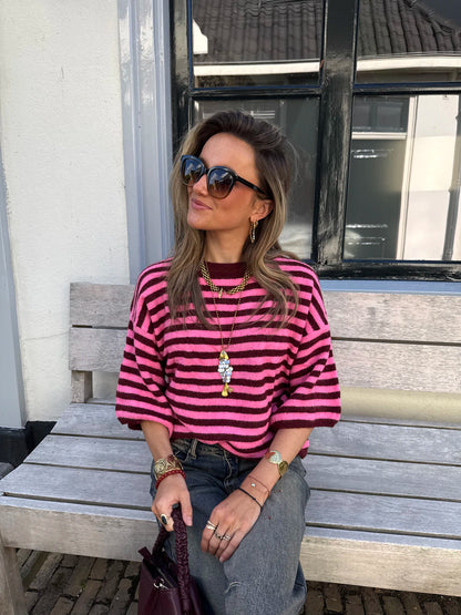Julie knit gestreept oversized bordeaux/roze