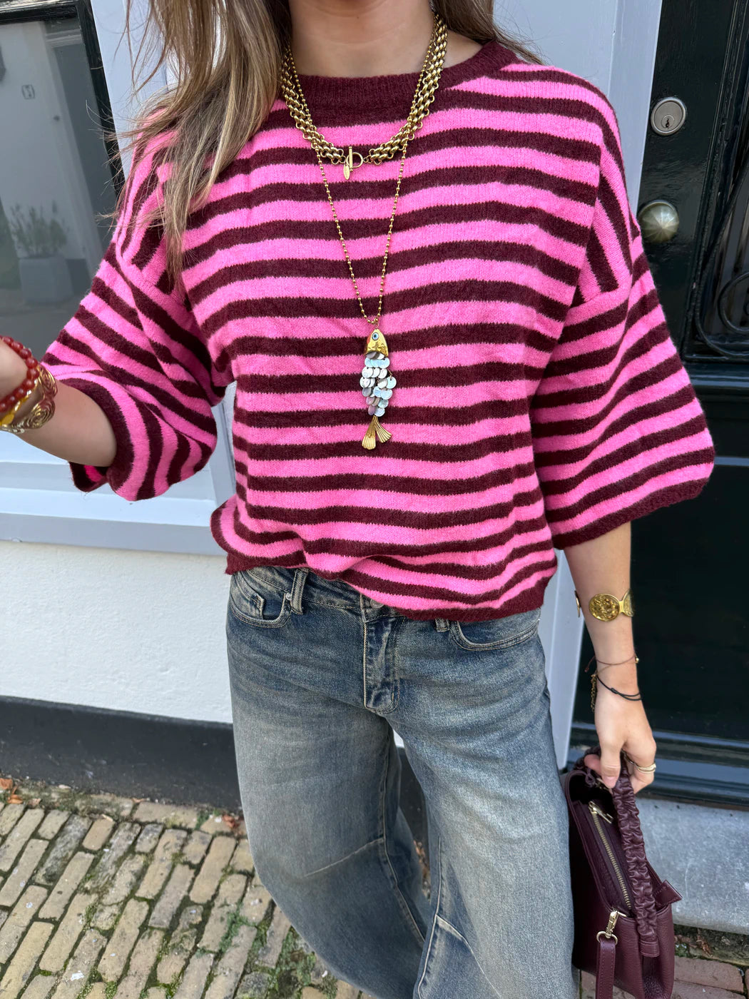 Julie knit gestreept oversized bordeaux/roze