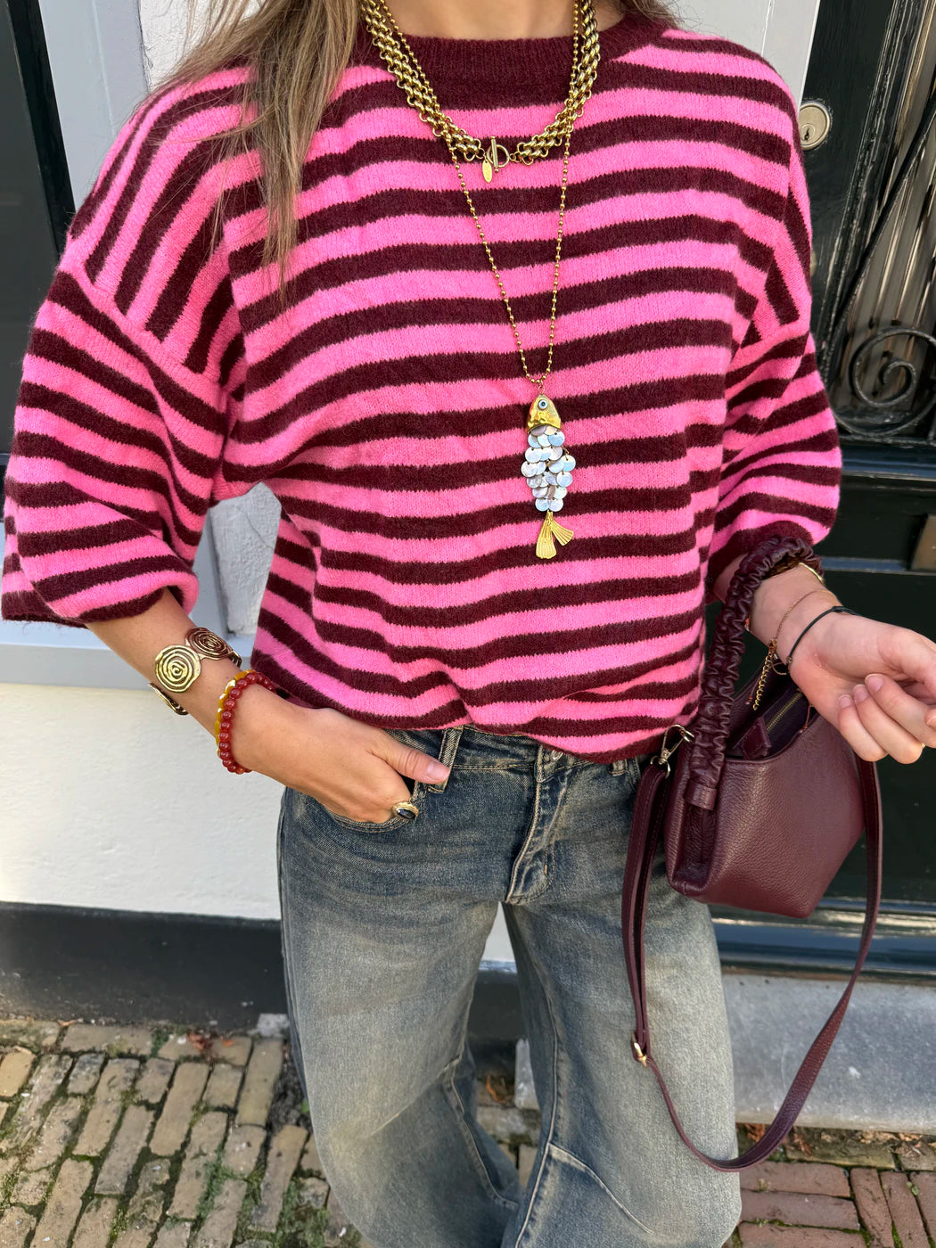 Julie knit gestreept oversized bordeaux/roze