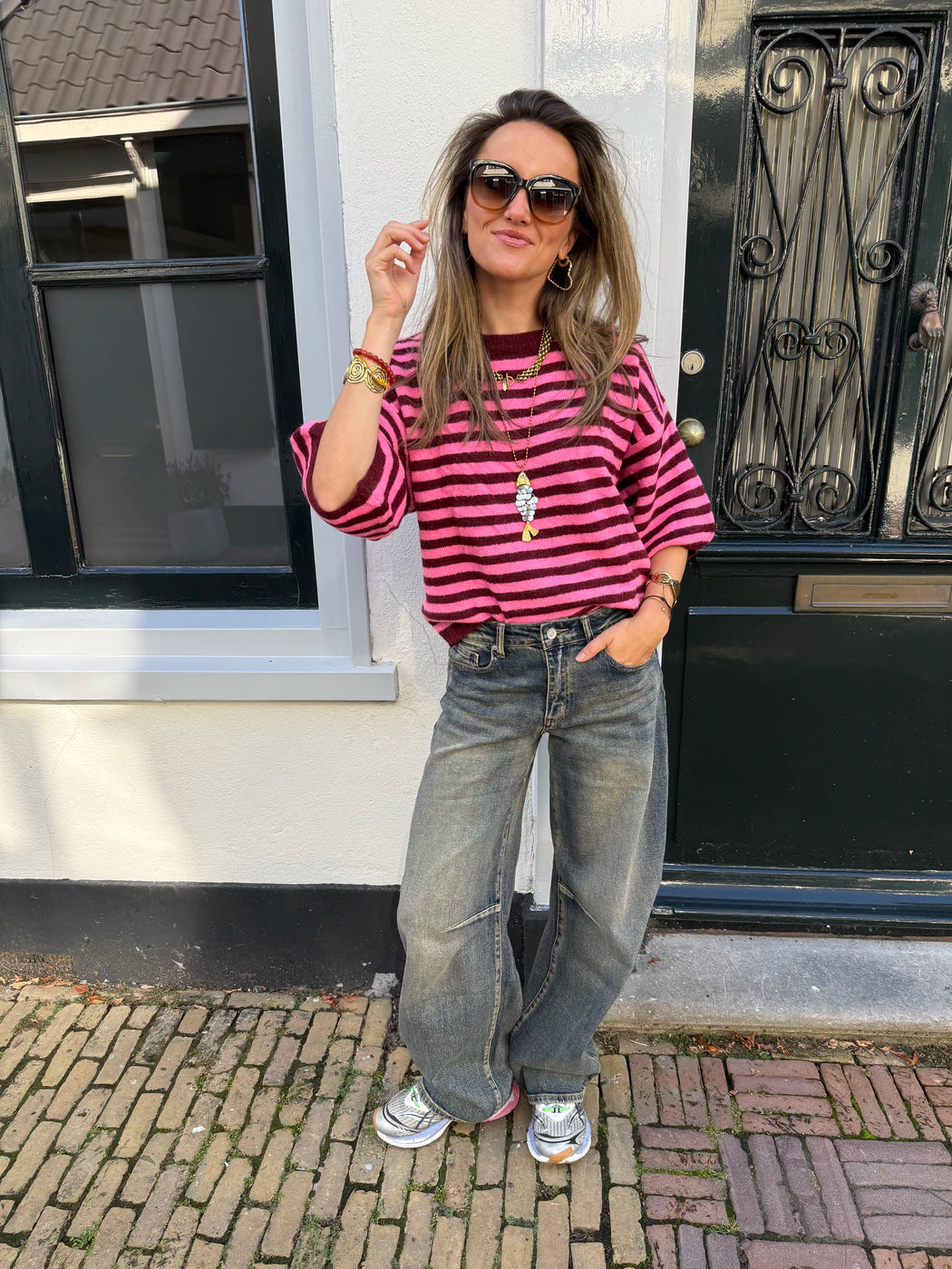 Julie knit gestreept oversized bordeaux/roze