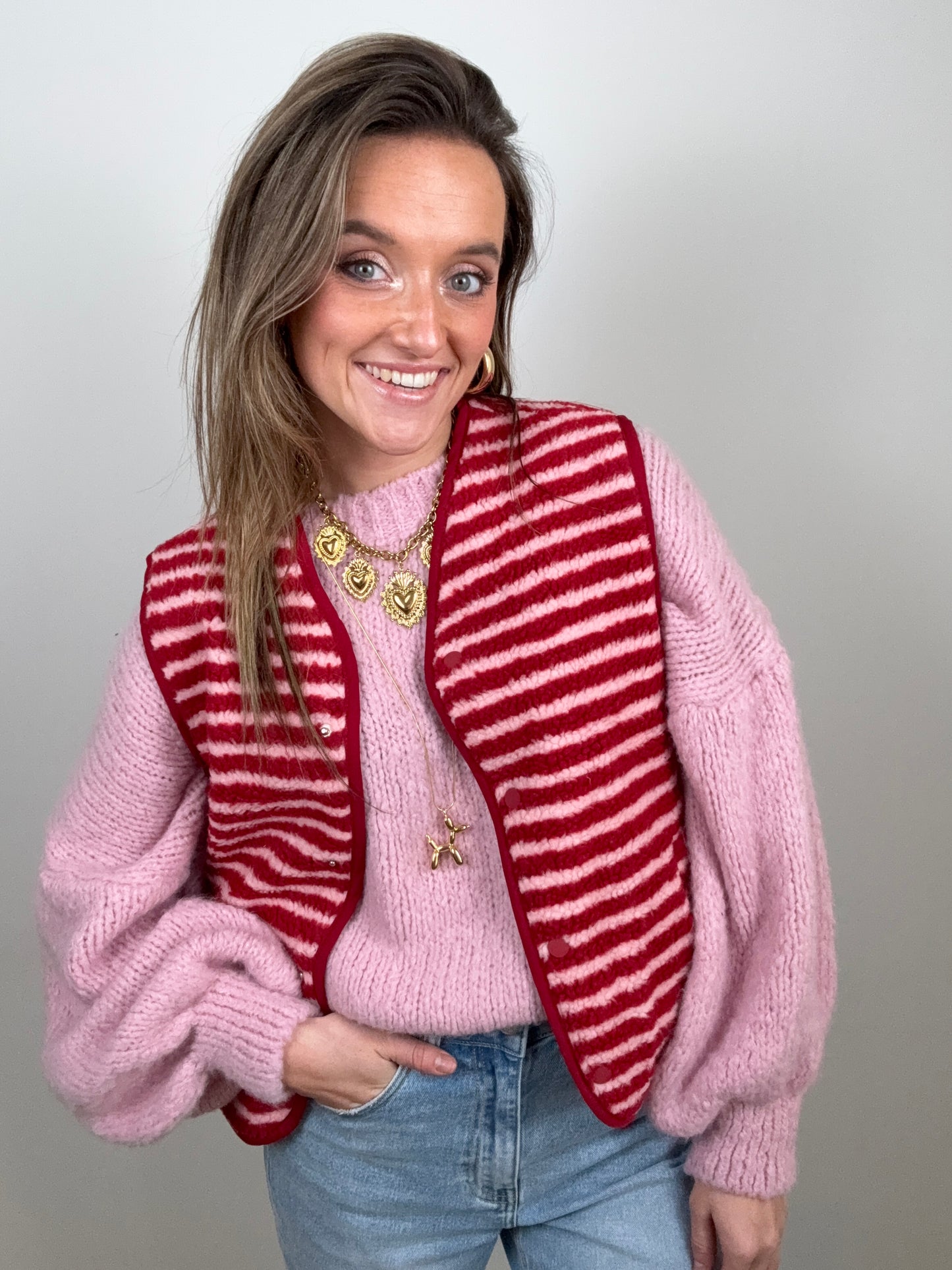 Striped teddy gilet red/pink