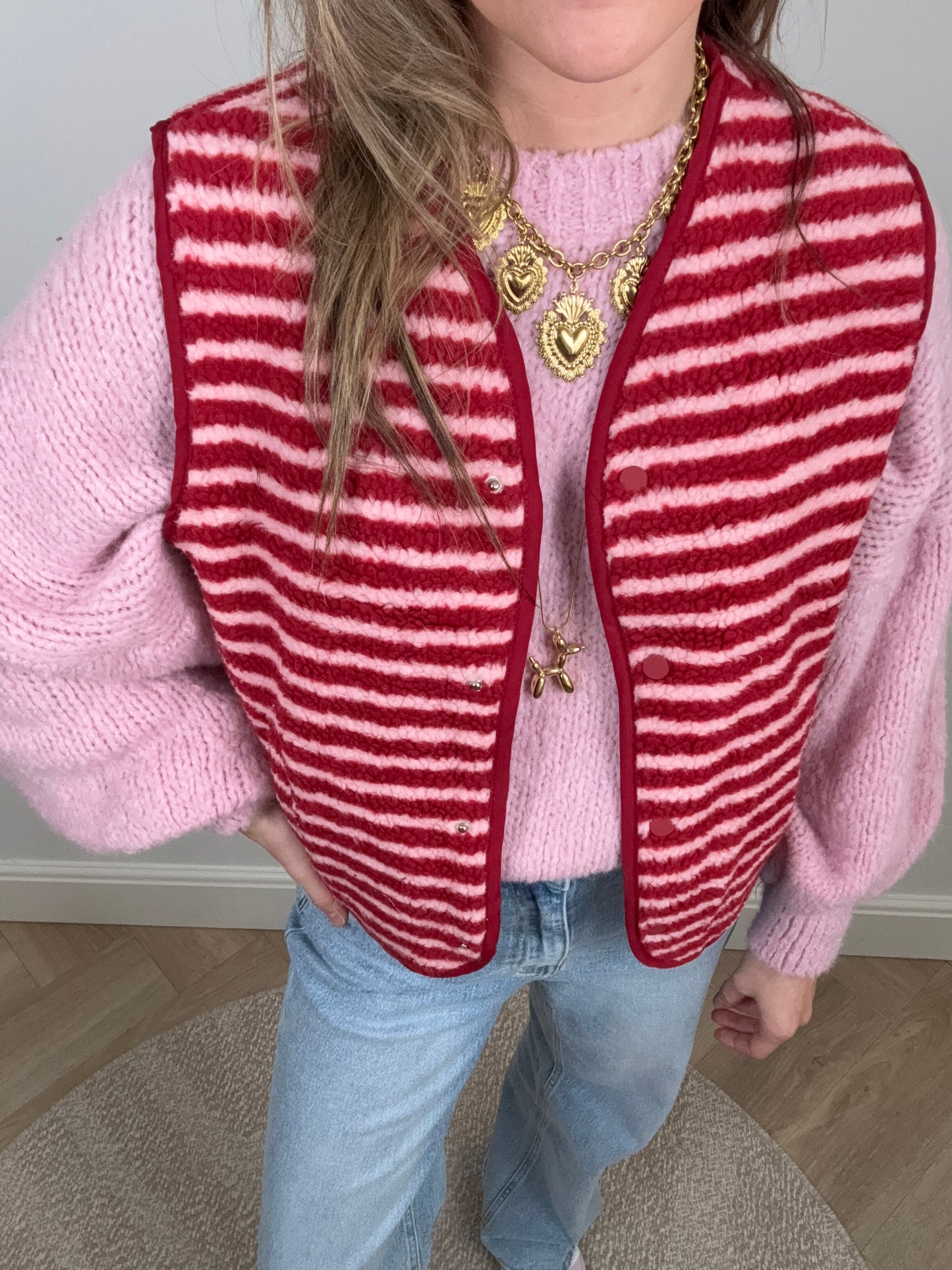 Striped teddy gilet red/pink