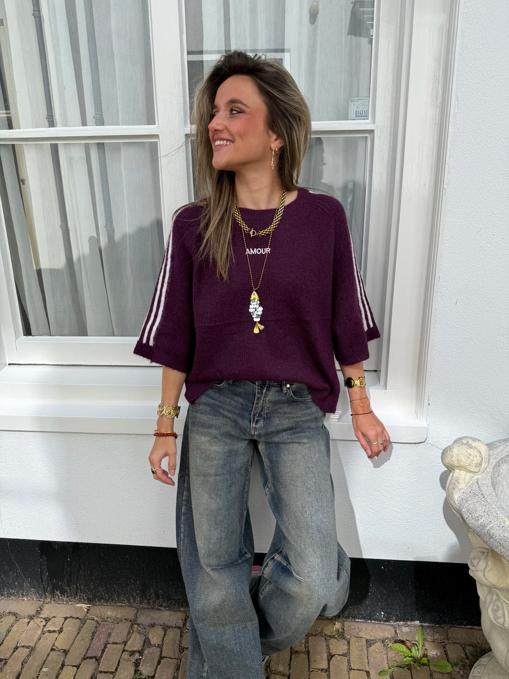 'Amour' knit oversized bordeaux/roze streep