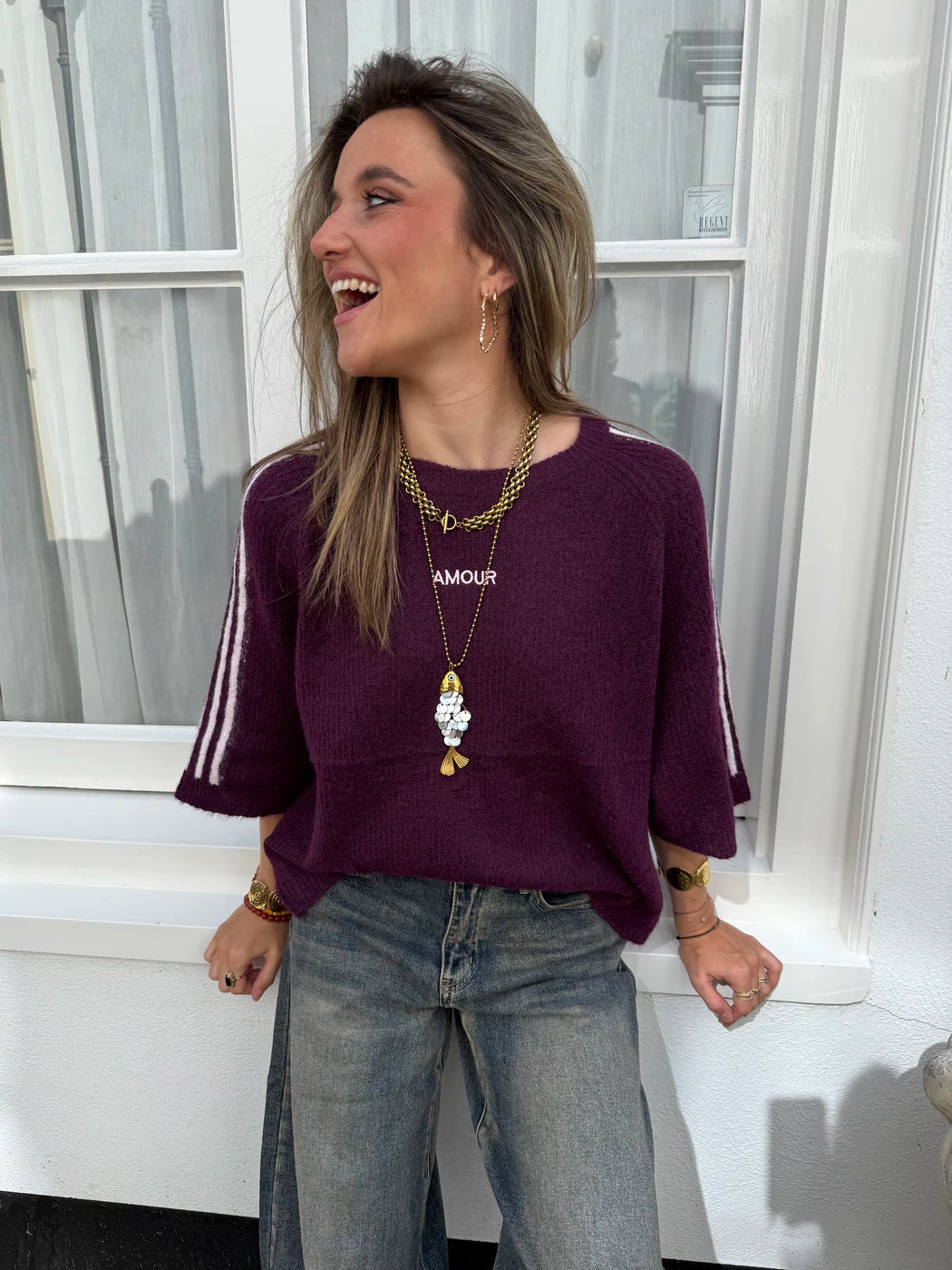'Amour' knit oversized bordeaux/roze streep