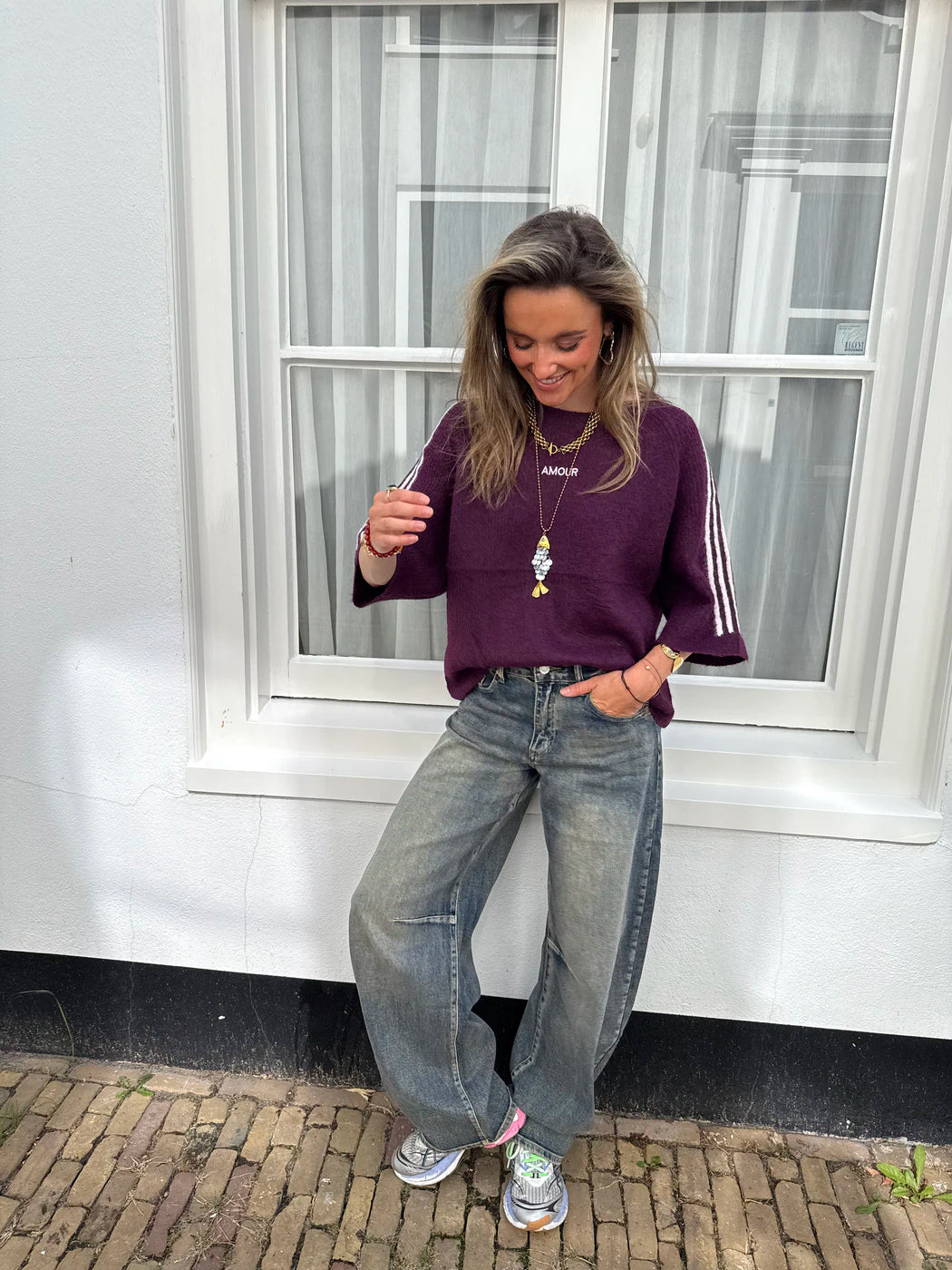 'Amour' knit oversized bordeaux/roze streep