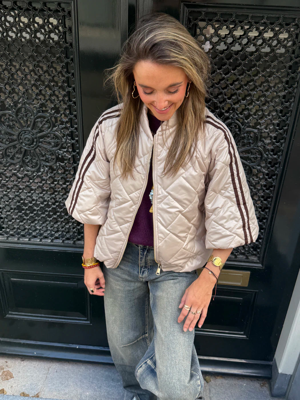 Lio gewatteerde bomber korte mouw beige/bruin streep