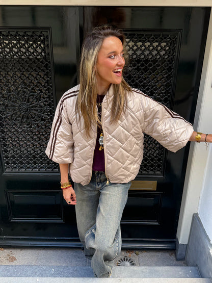 Lio gewatteerde bomber korte mouw beige/bruin streep