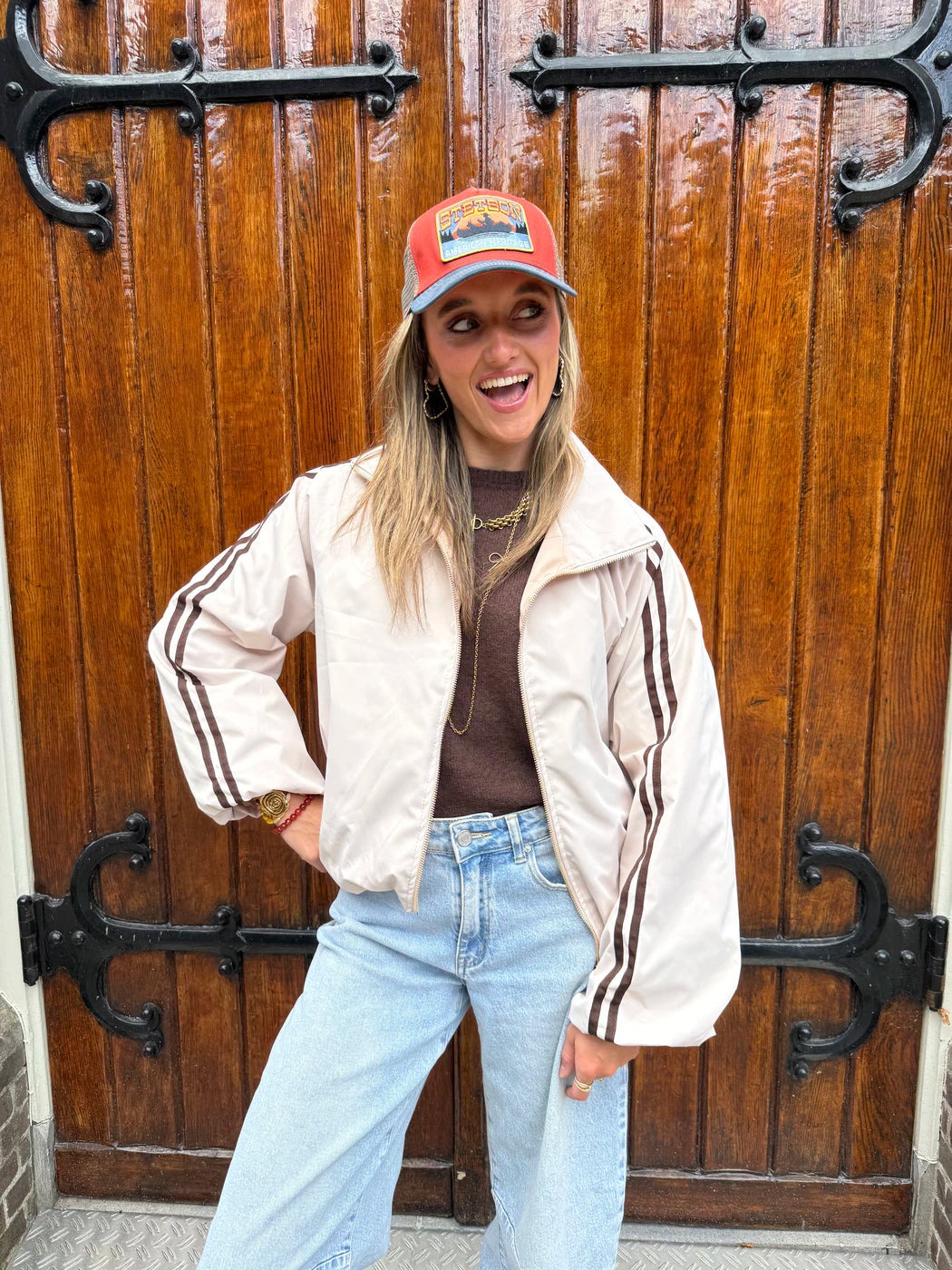 Riley gewatteerde bomber beige/bruin streep