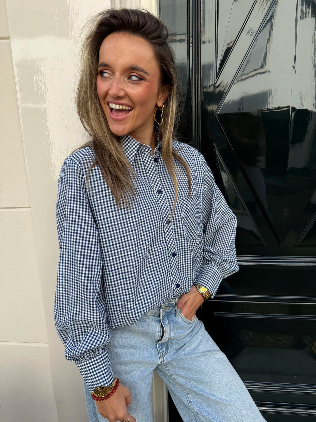 Lux blouse lange mouw blauw/wit geruit