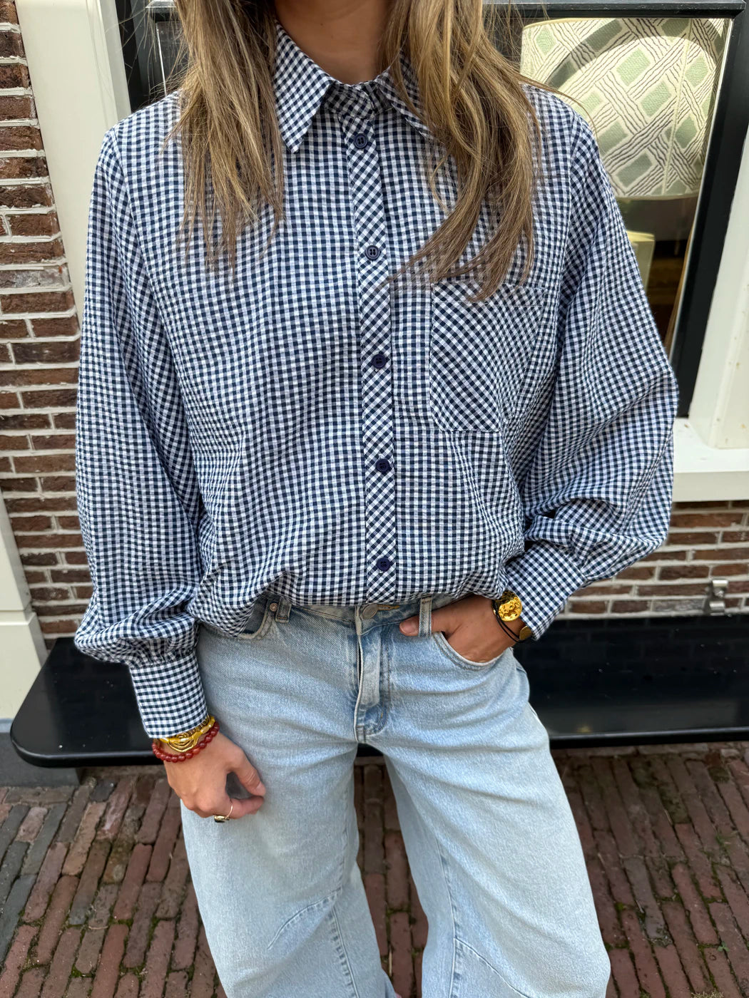 Lux blouse lange mouw blauw/wit geruit