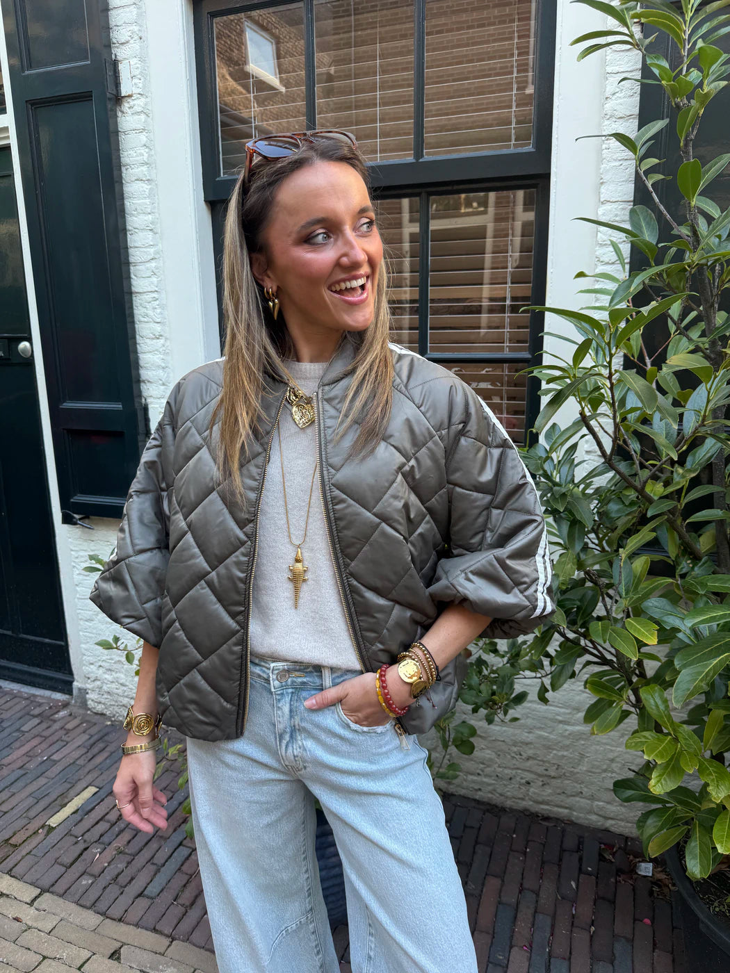 Lio gewatteerde bomber korte mouw groen/wit streep