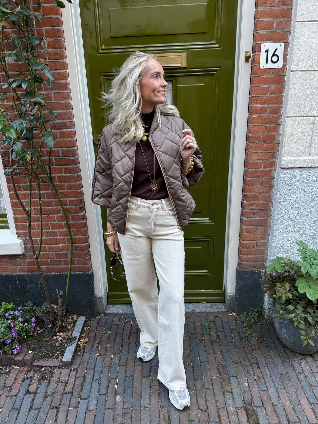 Lio gewatteerde bomber korte mouw taupe/bruin streep