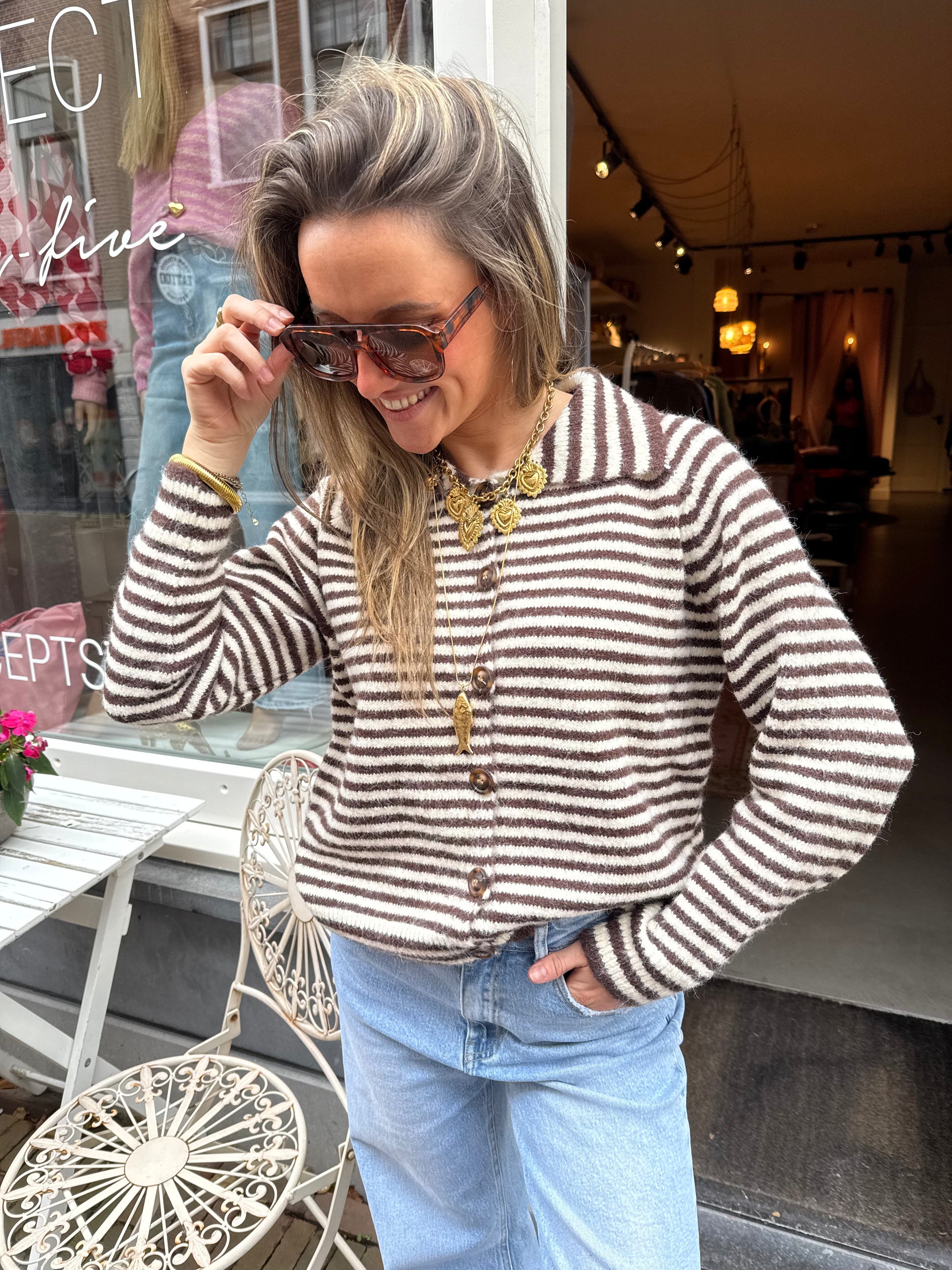Jill cardigan striped brown/white - Project 35