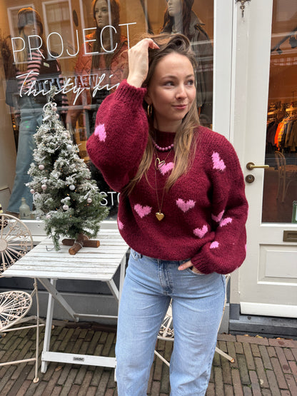 Hartjes trui bordeaux/roze