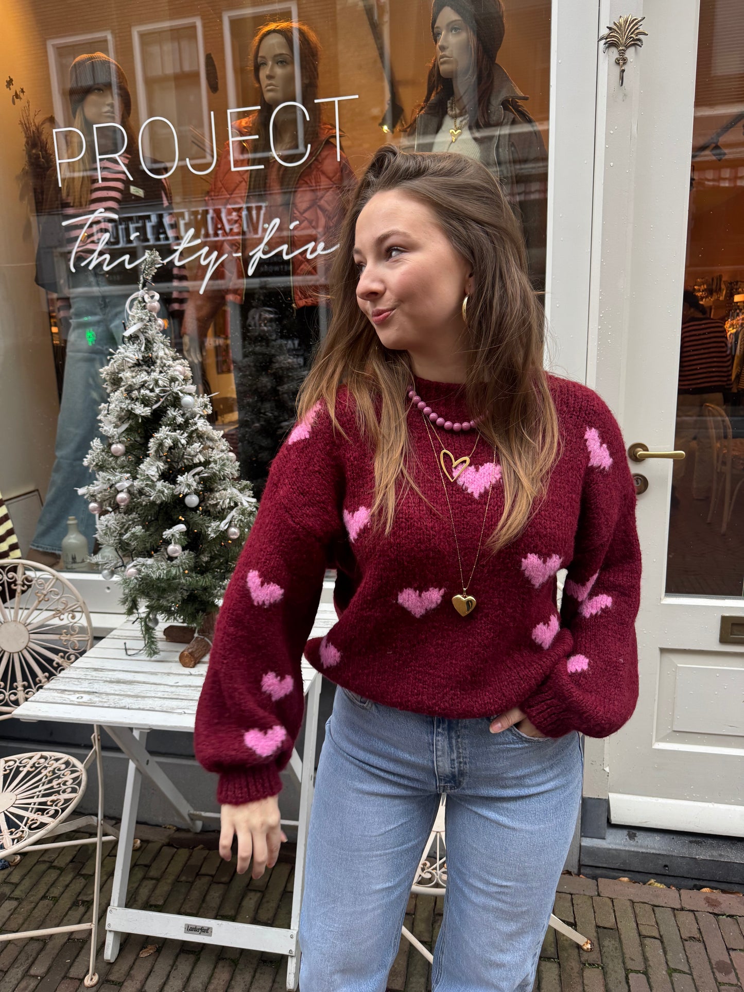 Hartjes trui bordeaux/roze