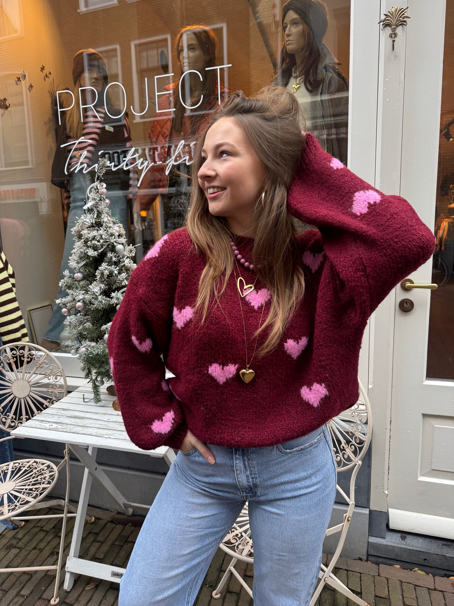 Hartjes trui bordeaux/roze