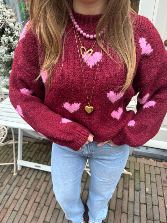Hartjes trui bordeaux/roze