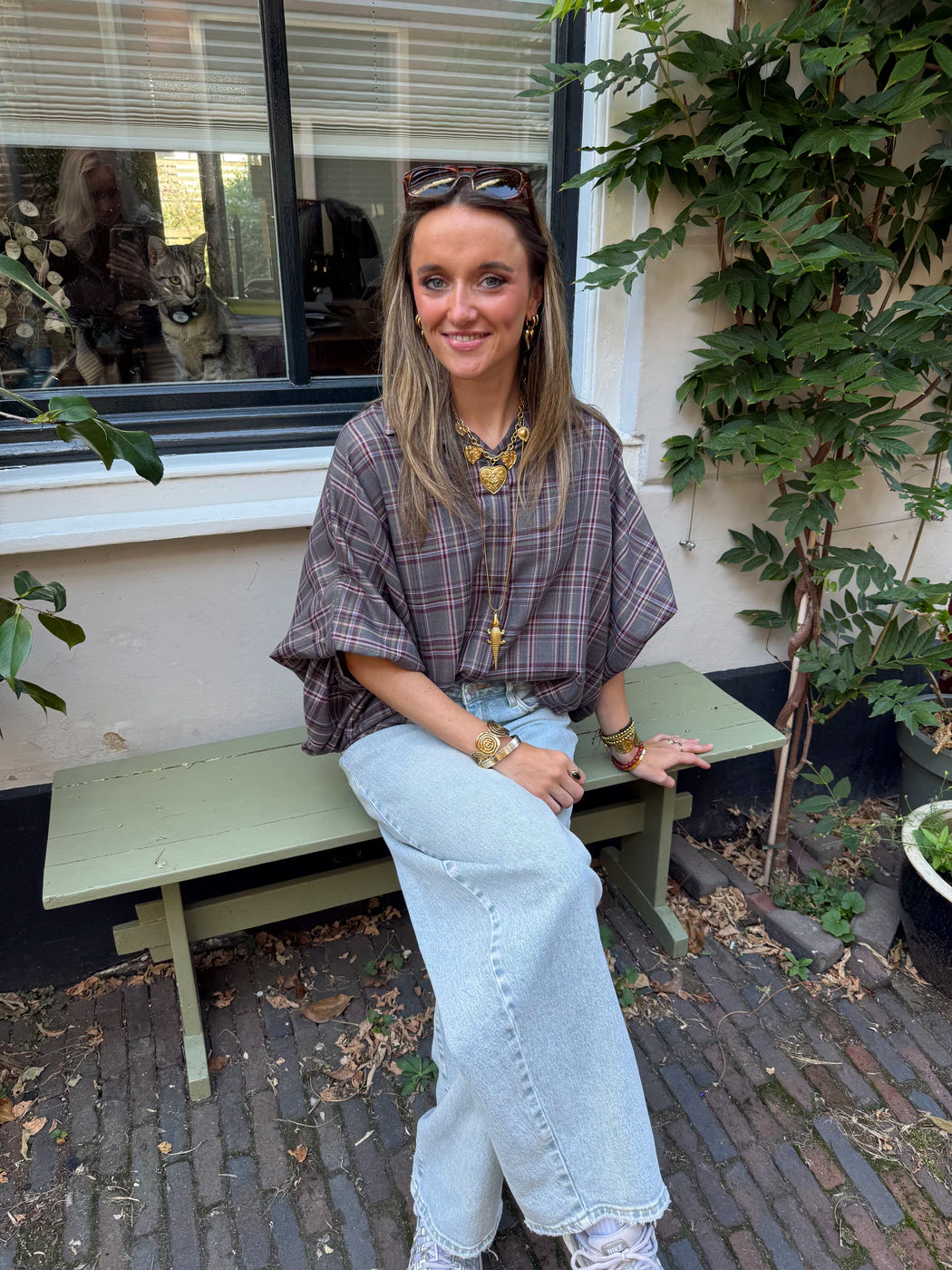 Mira oversized blouse geruit grijs glitter