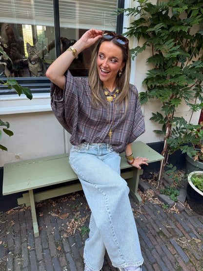Mira oversized blouse geruit grijs glitter