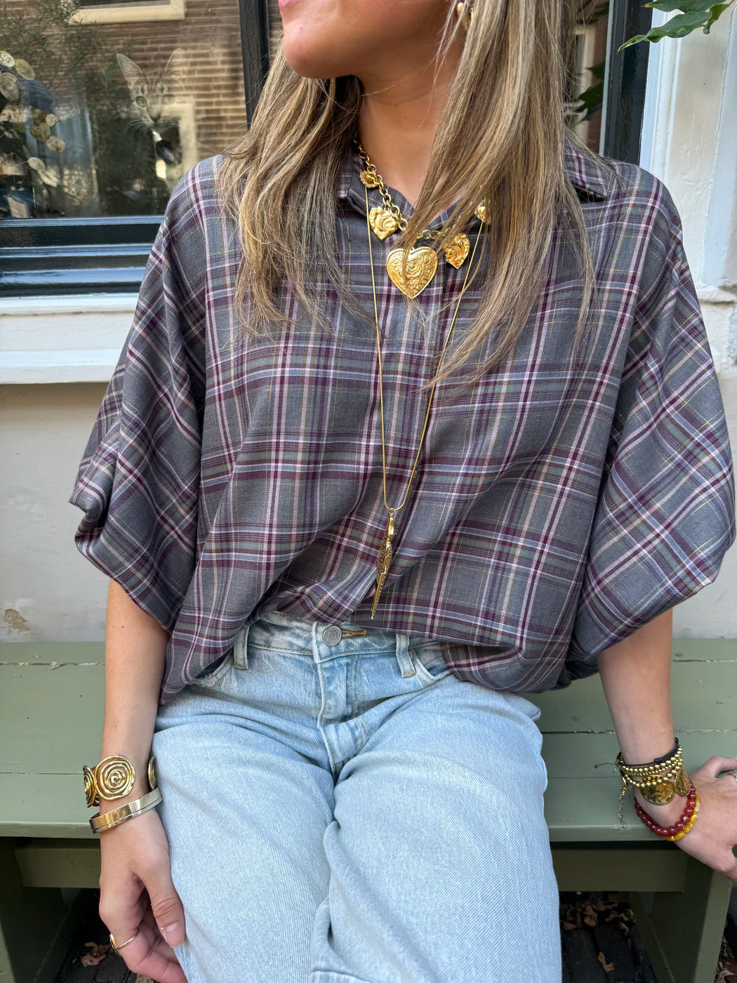 Mira oversized blouse geruit grijs glitter