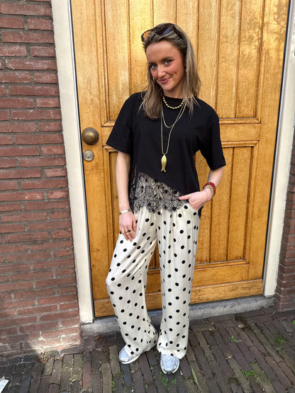 Satin polkadot pants white/black