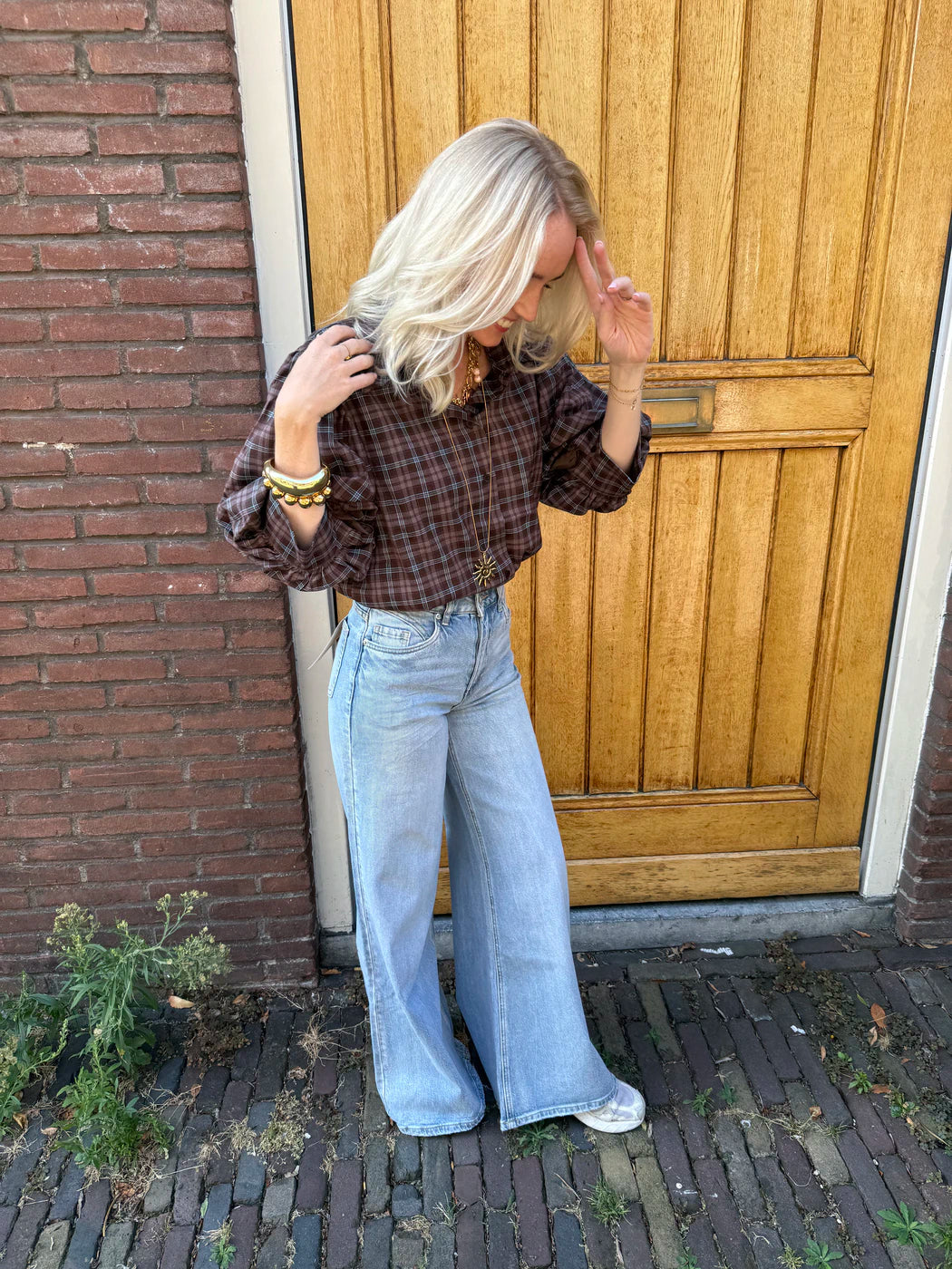 Gijsje blouse geruit bruin/blauw pofmouw