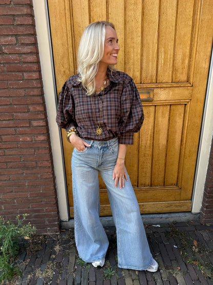 Gijsje blouse geruit bruin/blauw pofmouw